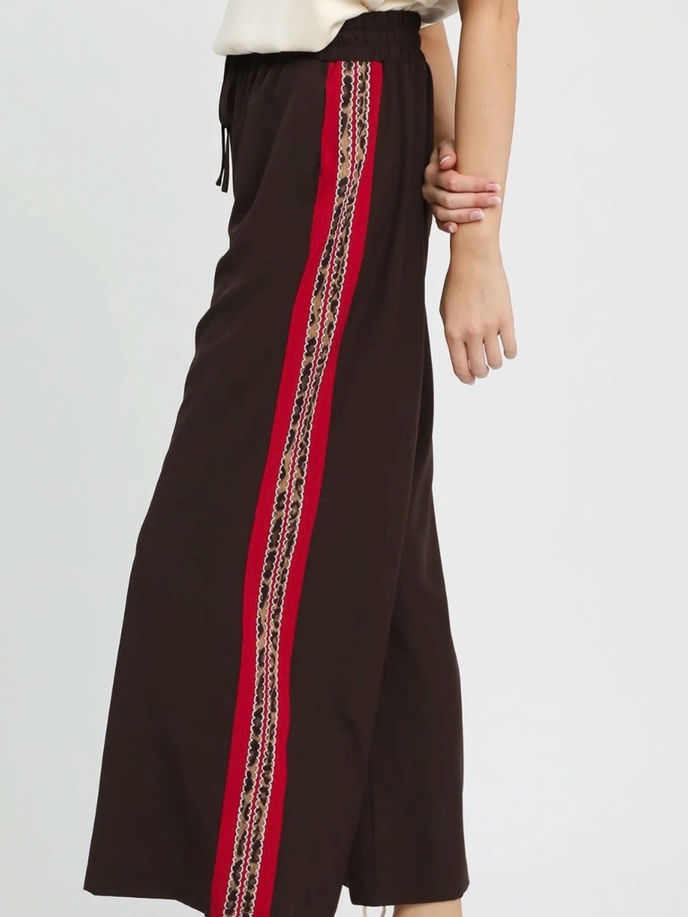 Umgee Brown Wide-Leg Pants with Red and Multicolor Side Stripe Size L